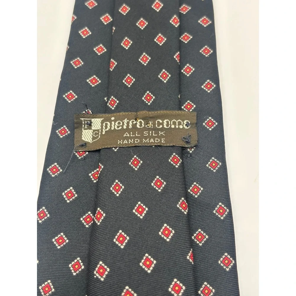 Pietro di Como Navy Blue Silk Geometric Diamond Pattern Hand Made Tie USA